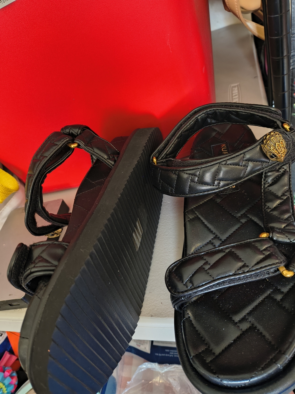 Kurt Geiger Black Quilted Platform Slide Sandals with Gold Eagle Head Sz9